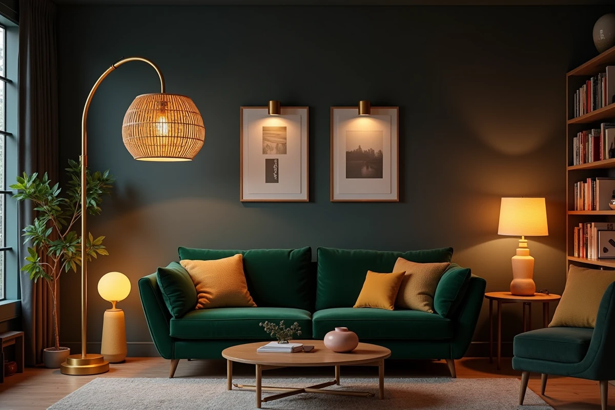 Salon avec plusieurs sources lumineuses variées remplaçant le plafonnier unique pour une ambiance chaleureuse
