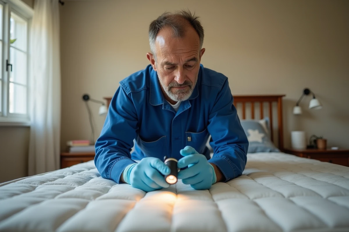 Technicien en désinsectisation inspectant les coutures d'un matelas pour détecter la présence de punaises de lit dans une chambre domestique