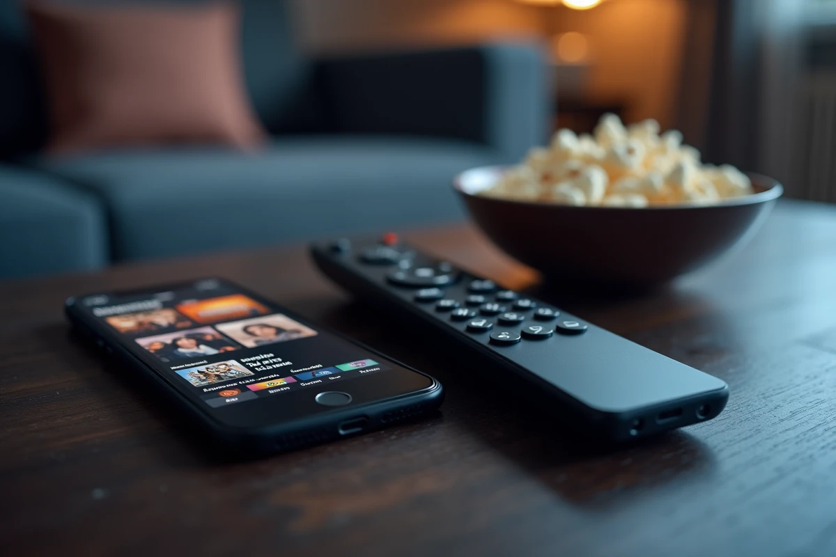 Télécommande et smartphone affichant une application de streaming de films et séries en français