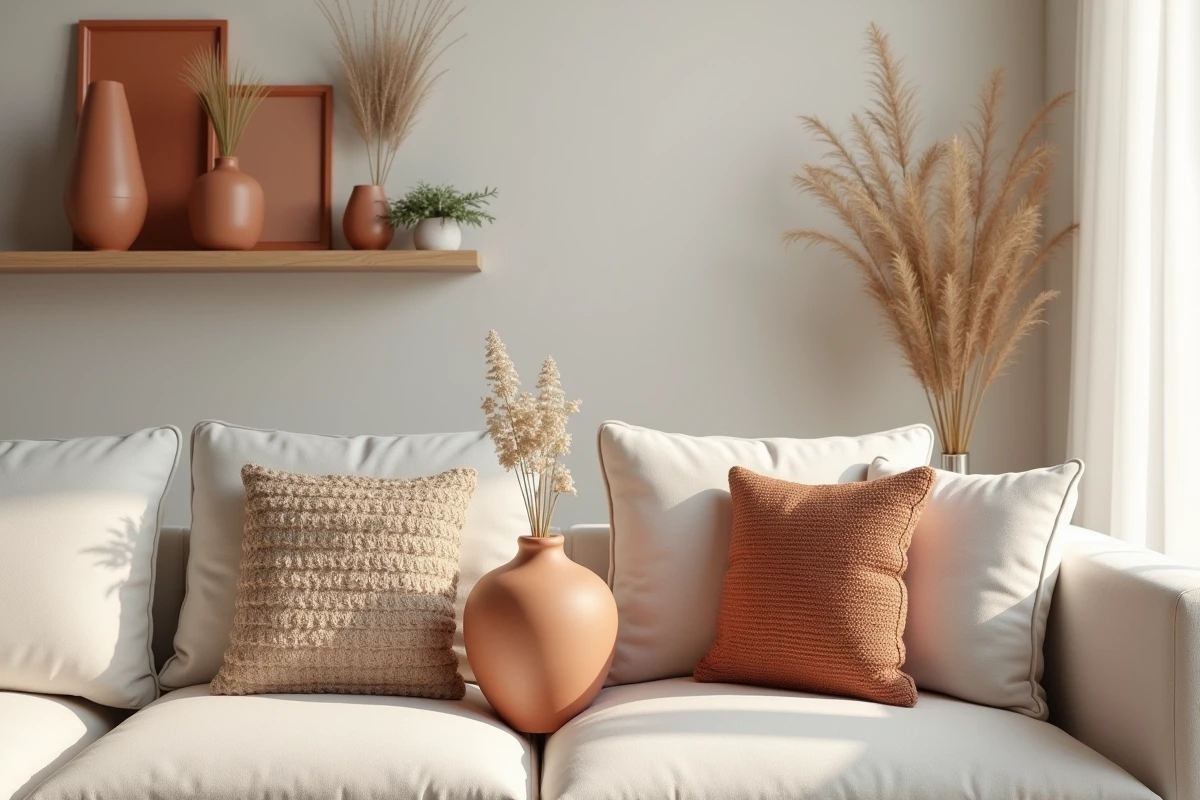 Touche de terracotta intégrée en accents céramiques dans un salon neutre sans total look envahissant