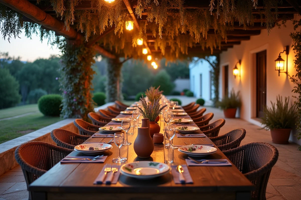 Terrasse de dîner en plein air d'une villa portugaise avec table en bois rustique, vaisselle en céramique peinte et pergola traditionnelle