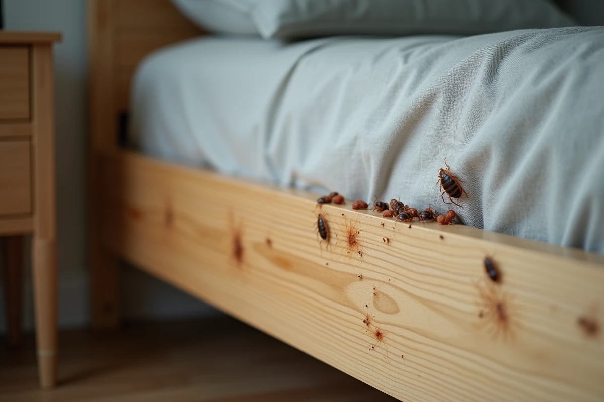 Traces de punaises de lit sur le bord d'un matelas gris et la structure en bois d'un lit, signes visibles d'une infestation à domicile