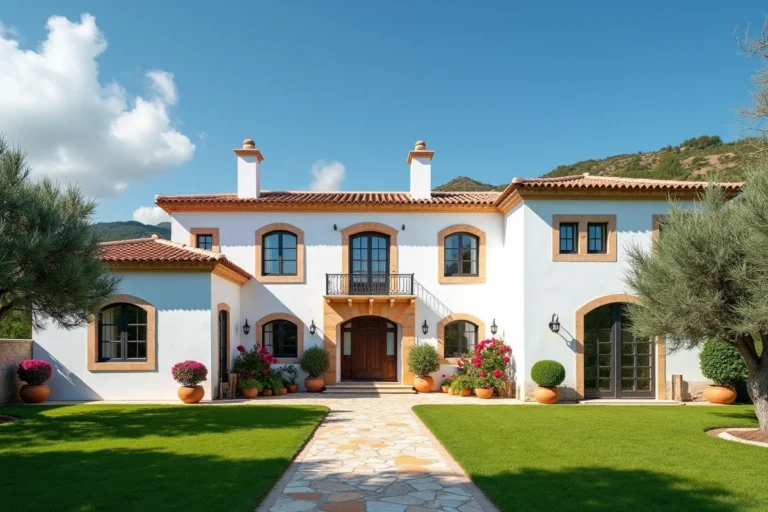 Villa de luxe au Portugal avec façade blanchie à la chaux, tuiles en terre cuite et bougainvillées colorées