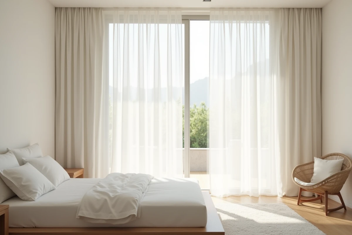 Voilages en lin blanc légers laissant entrer la lumière naturelle dans une chambre contemporaine lumineuse