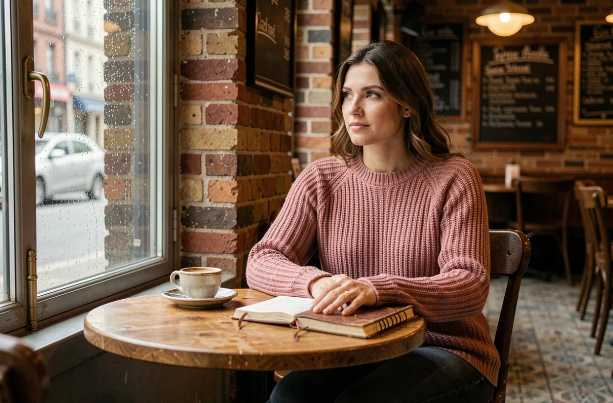 Voyageuse solitaire dans une brasserie française avec son journal de voyage et un café espresso